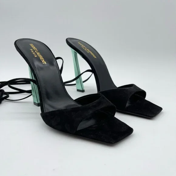SAINT LAURENT | Vitti Sandal in Nero & Hope Green Black Suede - Picture 2 of 13